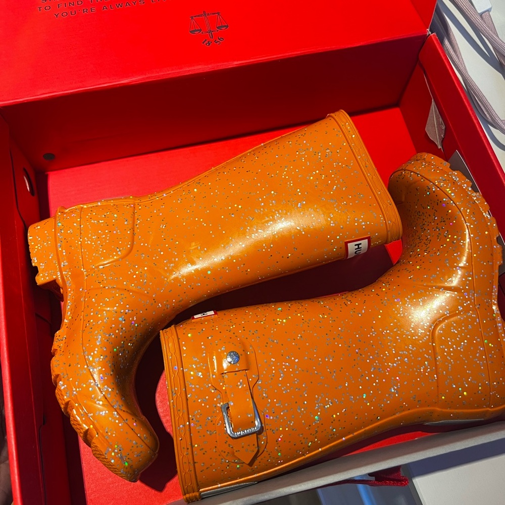 Hunter Kids Tall Rubber Rain Boots Orange Glitter Little Girl Size US 13
